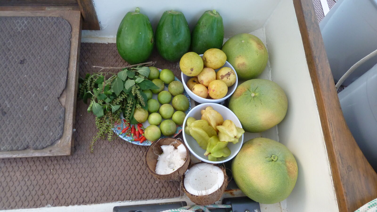 Ausbeute der Wanderung: 3 Papayas, 3 Pampelmusen, 4 Sternfrüchte, 8 Guaven, 1 Kokosnuss, 15 Limetten, Chili und Basilikum.